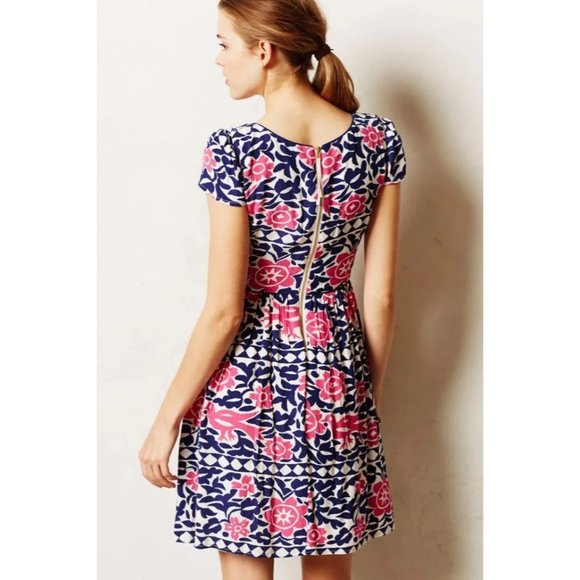 Anthropologie Maeve Peralta Bird Floral Dress w/ Pockets in Pink & Blue, Size 4 - Picture 3 of 15